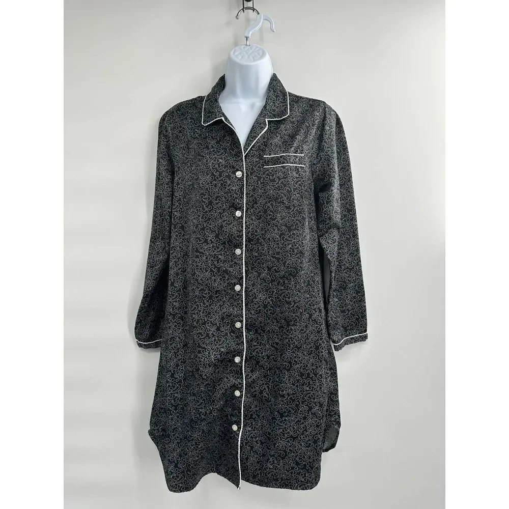 Liz & Co Black Printed Sleepwear Long‎ Sleeve Shirt Small